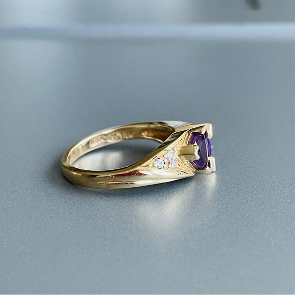 14k Gold Natural Diamond & Amethyst Diamond Two Stone Trillion Cut Ring - Picture 4 of 12